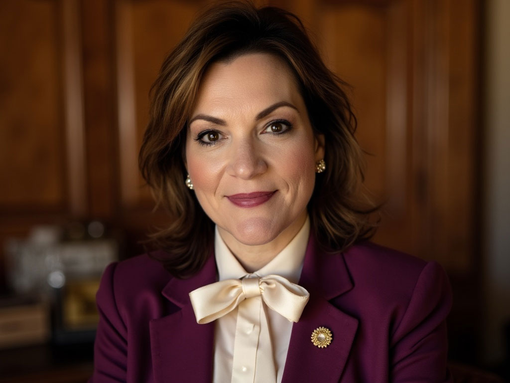 Professional portrait of a smiling woman in a burgundy blazer with a cream bow tie and gold pin, indoor wood-paneled background.